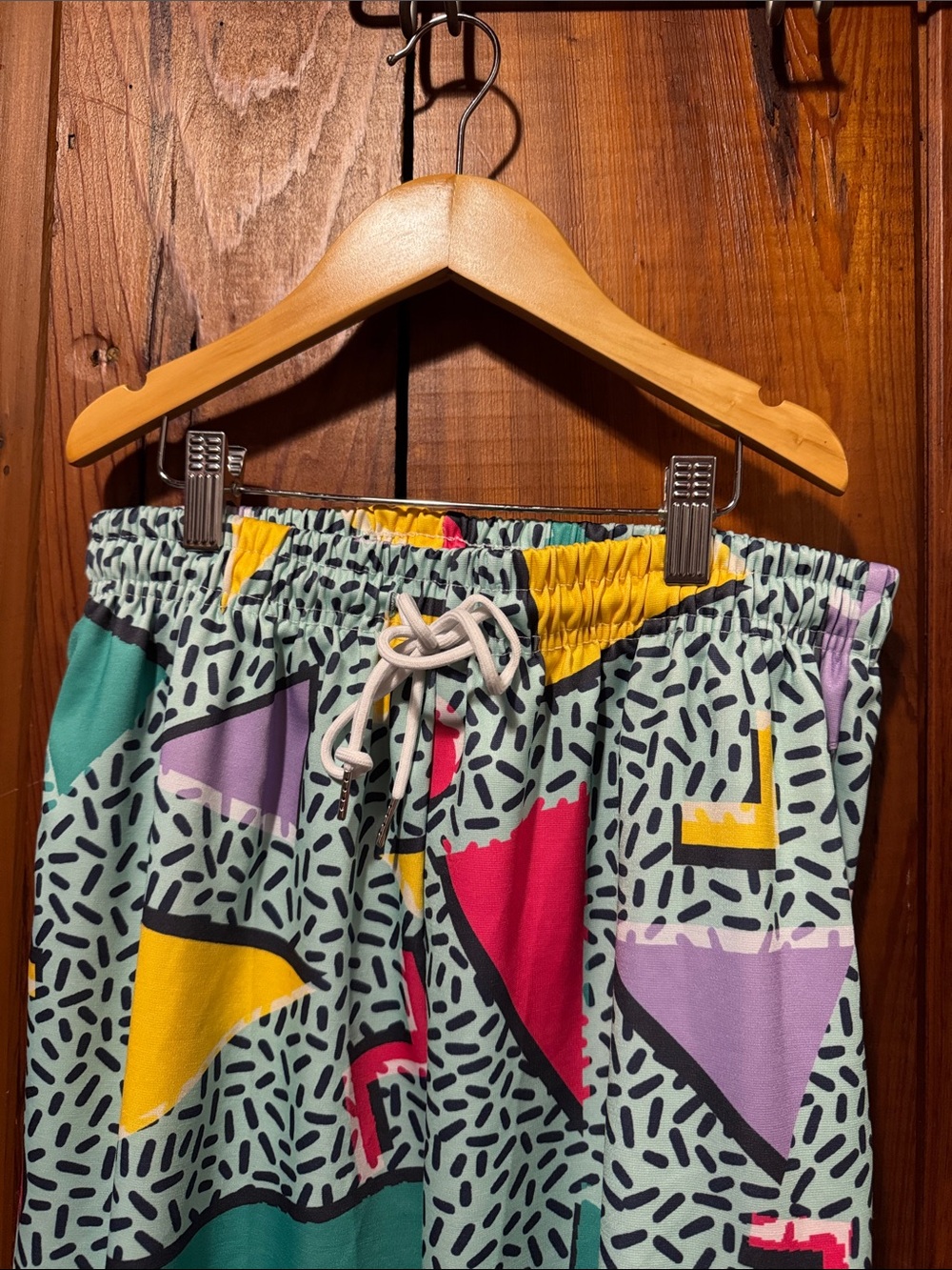 Colorblock Geo Print Drawstring Shorts - Mint/Yellow/Pink